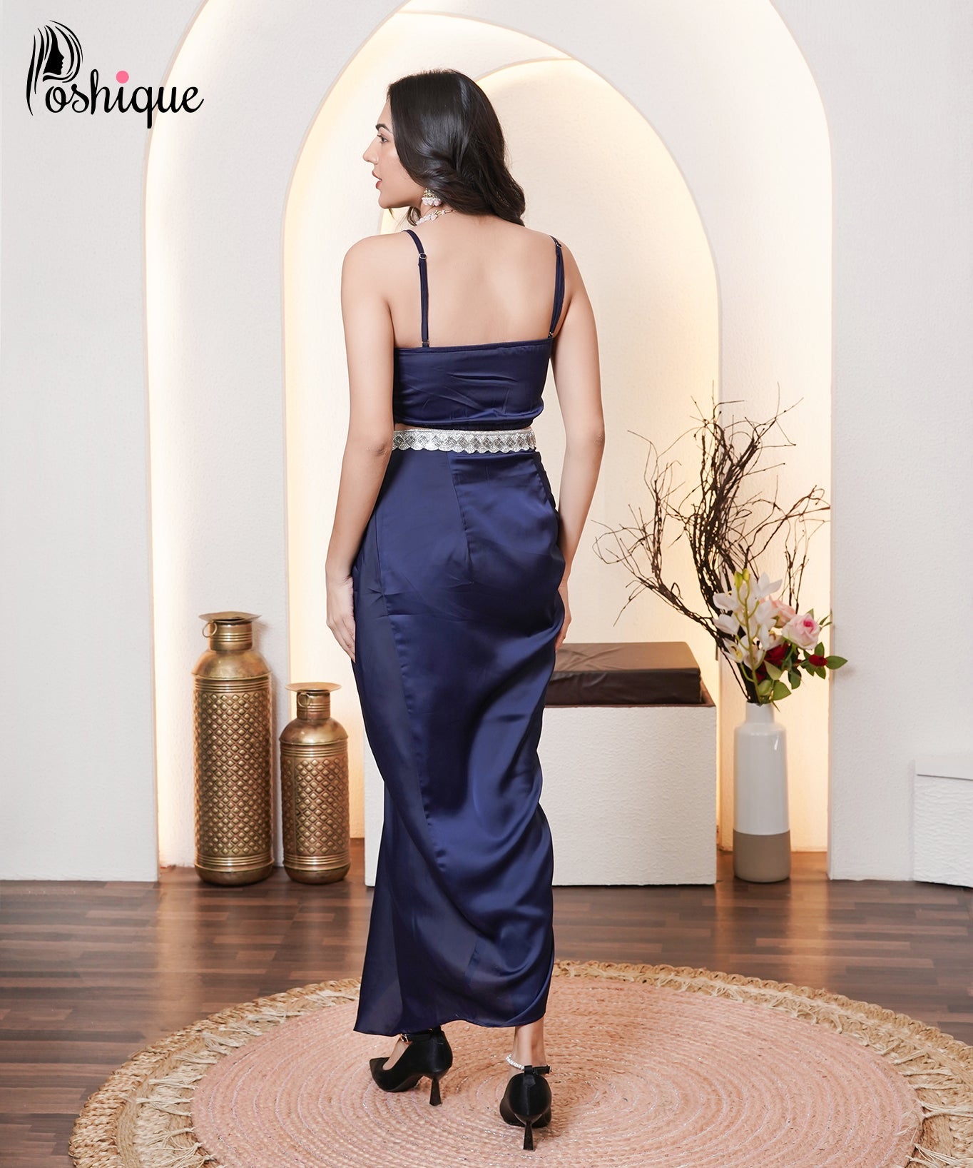 Midnight Blue Embellished Blazer & Draped Skirt Set